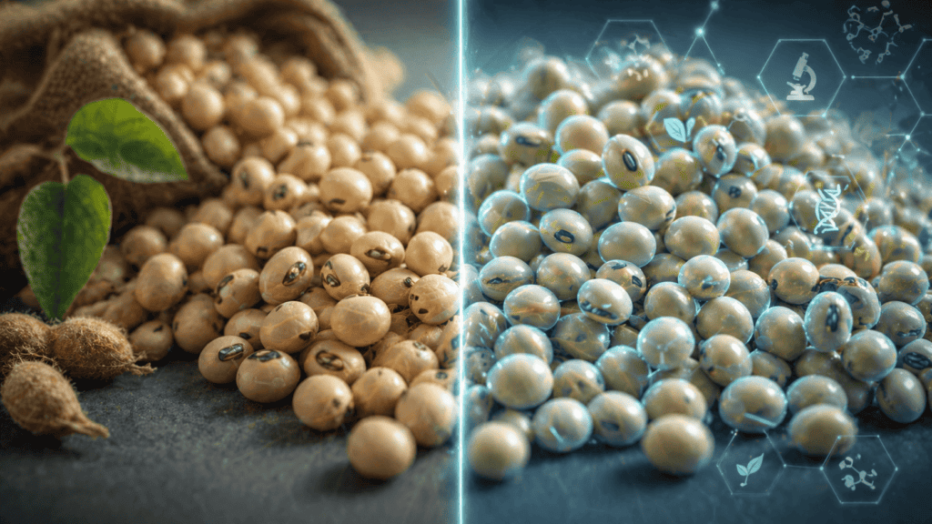 Side-by-side comparison of natural and genetically modified soybeans highlighting health risks of gmo soybeans through science