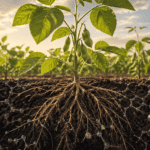 Soybean plant with visible roots in soil showing molecular structures, illustrating research into health risks of gmo soybeans