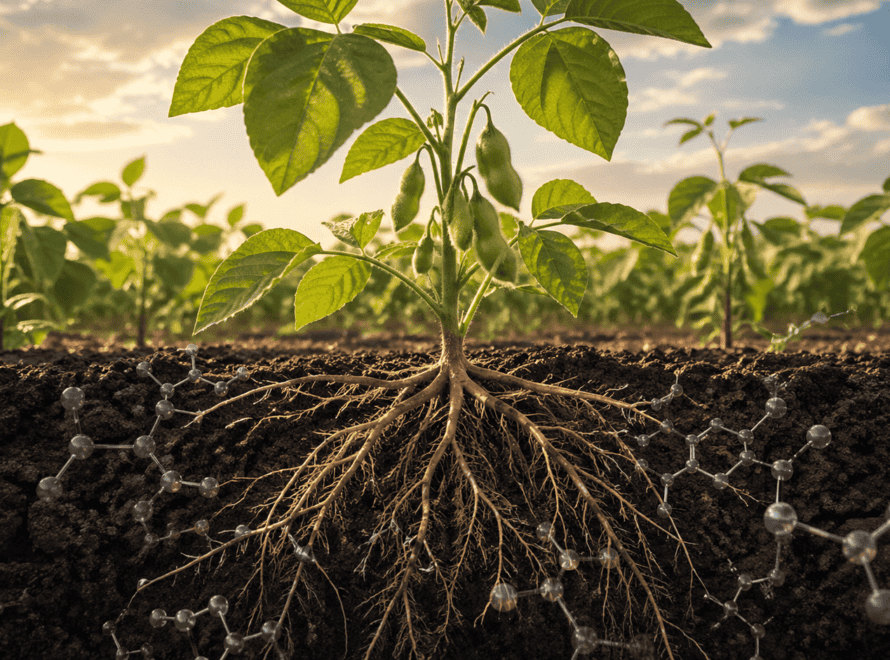 Soybean plant with visible roots in soil showing molecular structures, illustrating research into health risks of gmo soybeans