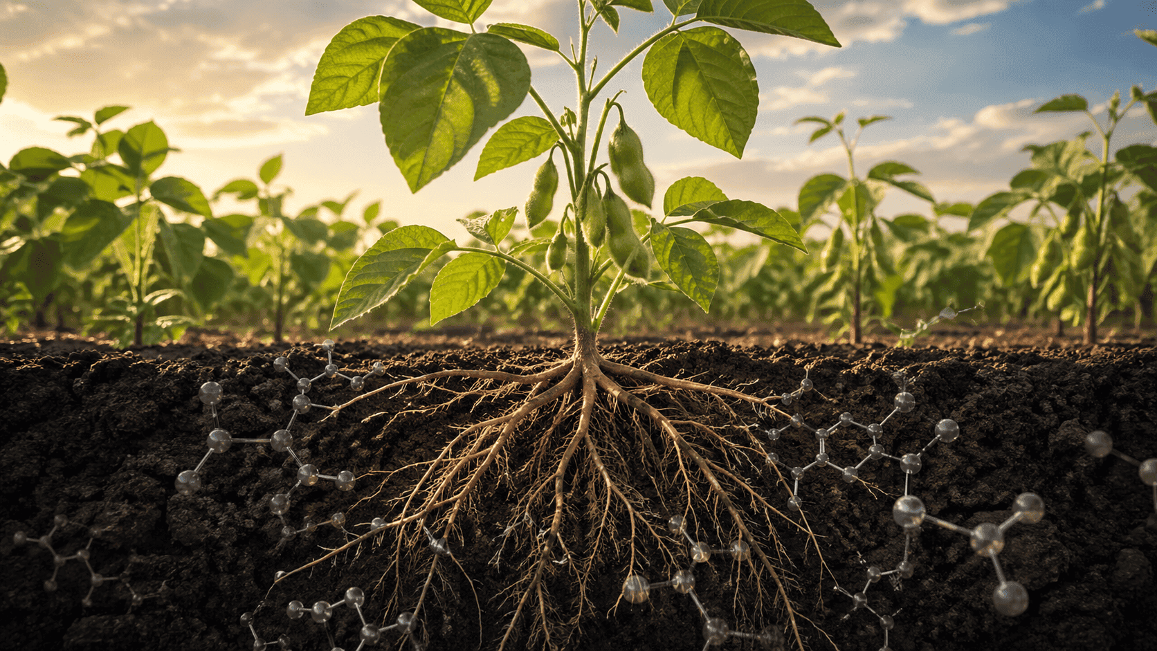 Soybean plant with visible roots in soil showing molecular structures, illustrating research into health risks of gmo soybeans