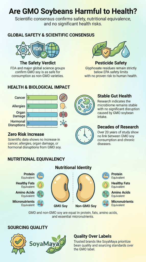 Infographic showing scientific consensus on health risks of gmo soybeans including safety data and nutritional equivalency