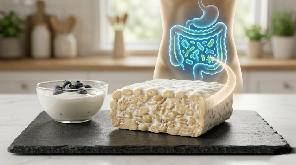 Fresh vs Pasteurized Tempeh benefits illustrated with live cultures supporting gut microbiome health.