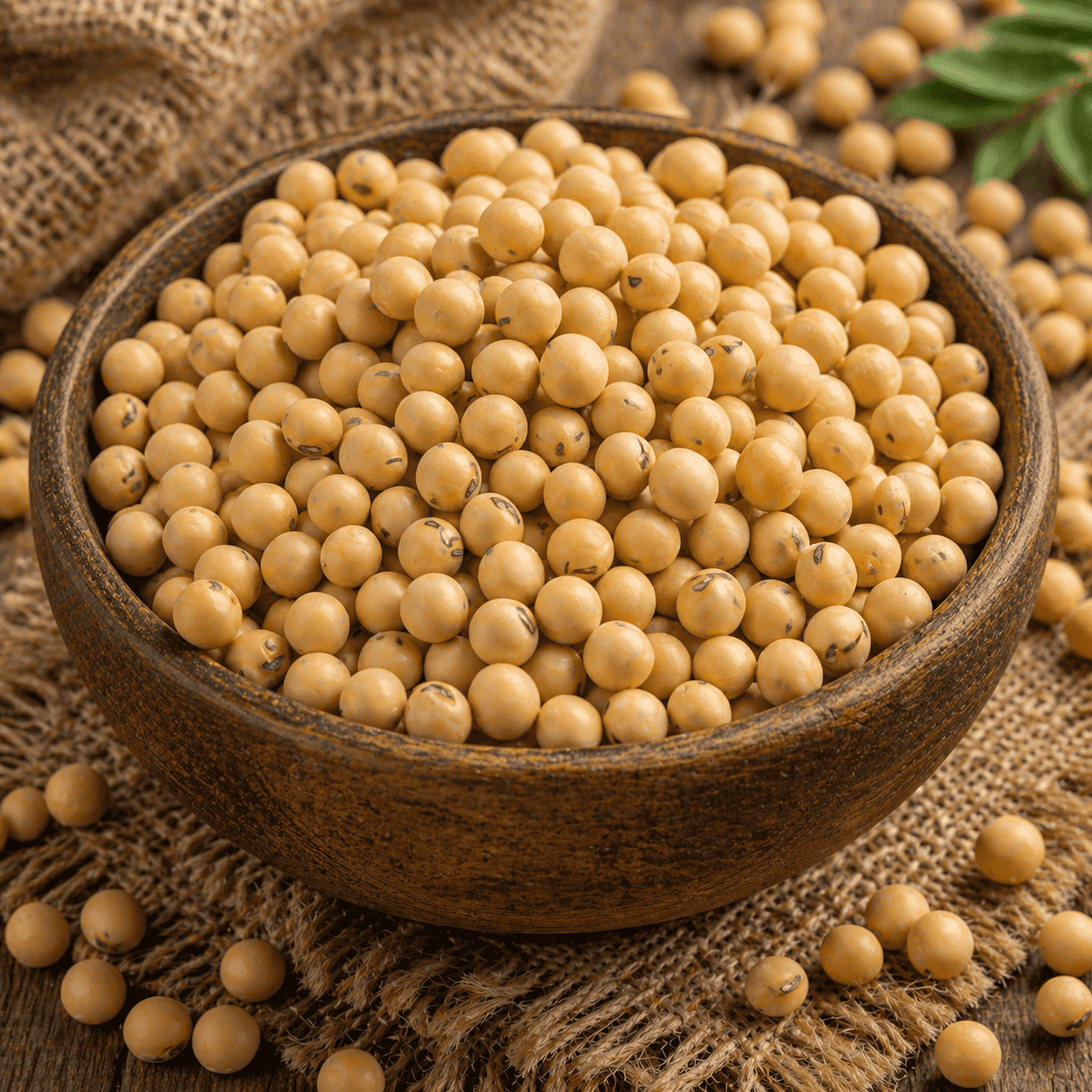 Organic non-GMO soybeans in a wooden bowl for healthy eating.