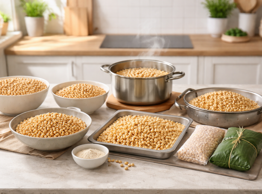 Understanding tempeh soybean prep with soybeans in bowls, boiling pot, drying tray, and wrapped tempeh on a kitchen counter