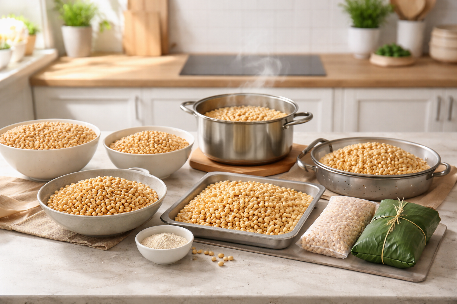 Understanding tempeh soybean prep with soybeans in bowls, boiling pot, drying tray, and wrapped tempeh on a kitchen counter