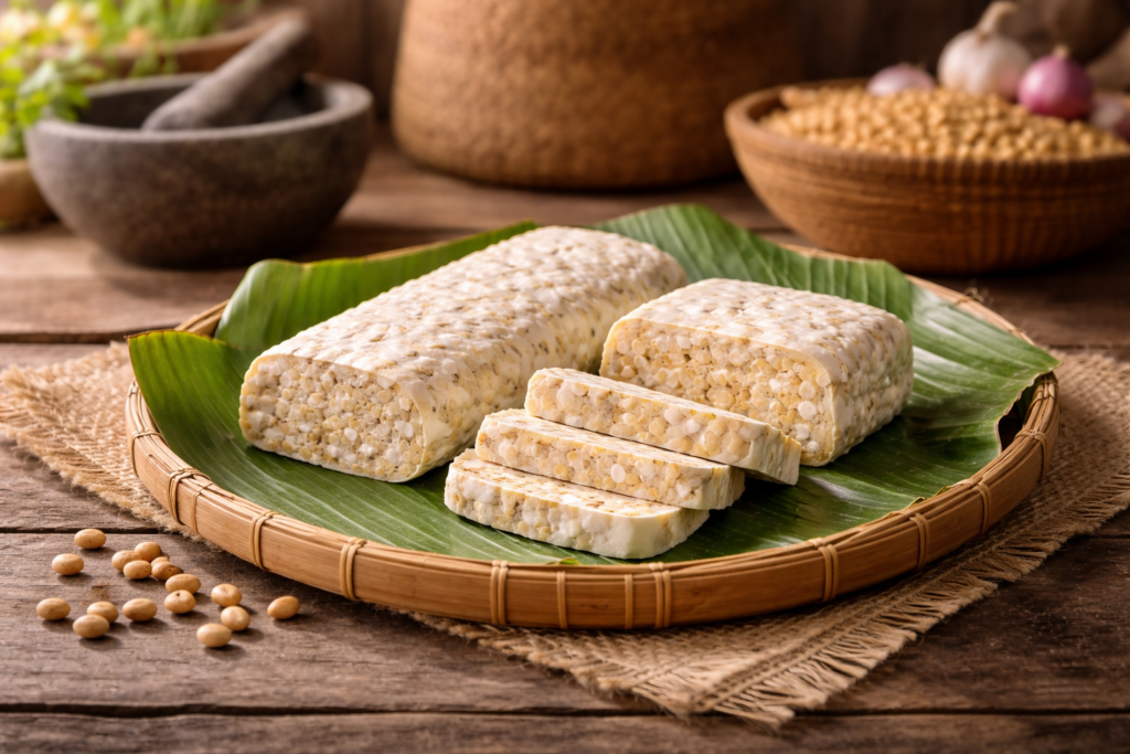 Fresh tempeh blocks sliced open on banana leaf, understanding tempeh soybean prep through its firm white mycelium texture