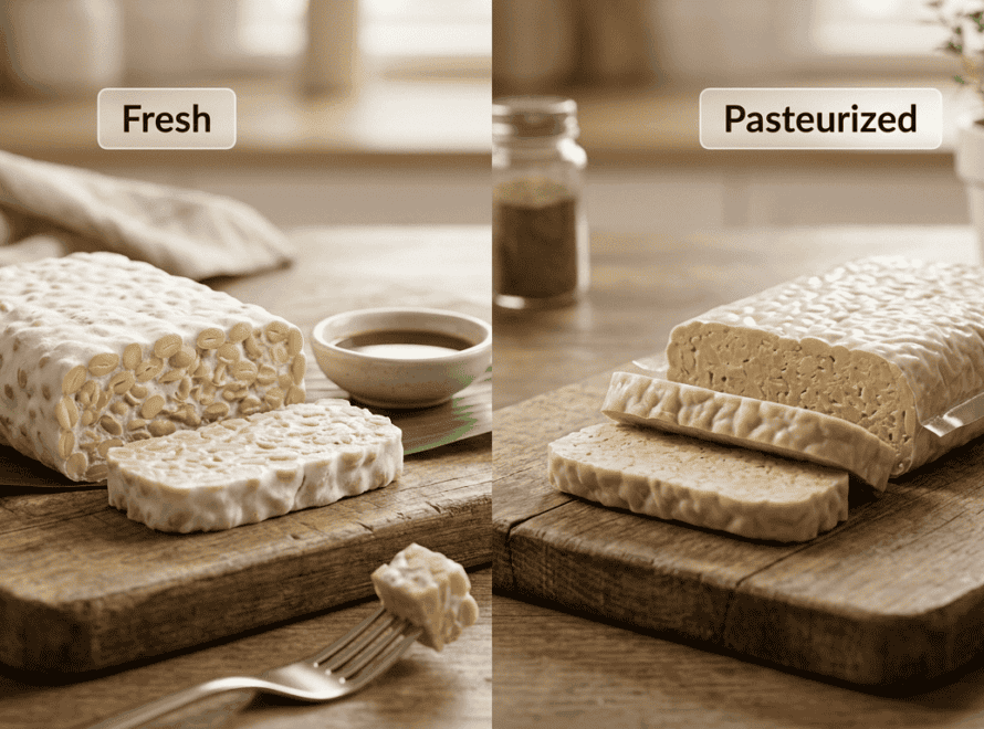 Fresh vs Pasteurized Tempeh displayed on wooden cutting boards showing texture and appearance contrast.