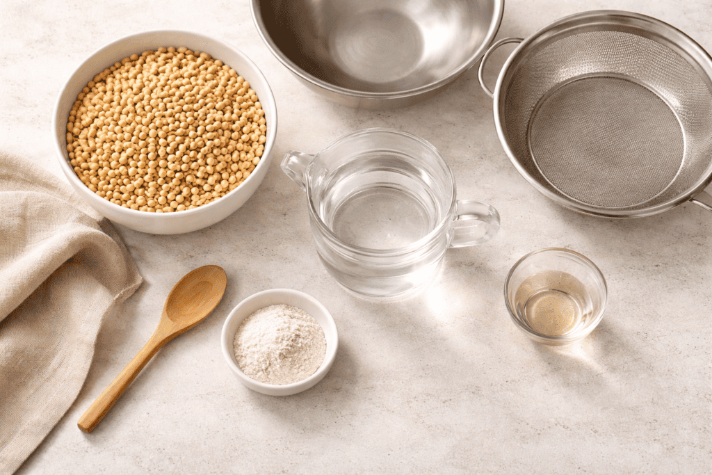 Understanding tempeh soybean prep starts with raw soybeans, tempeh starter powder, vinegar, water, mixing bowl, and strainer
