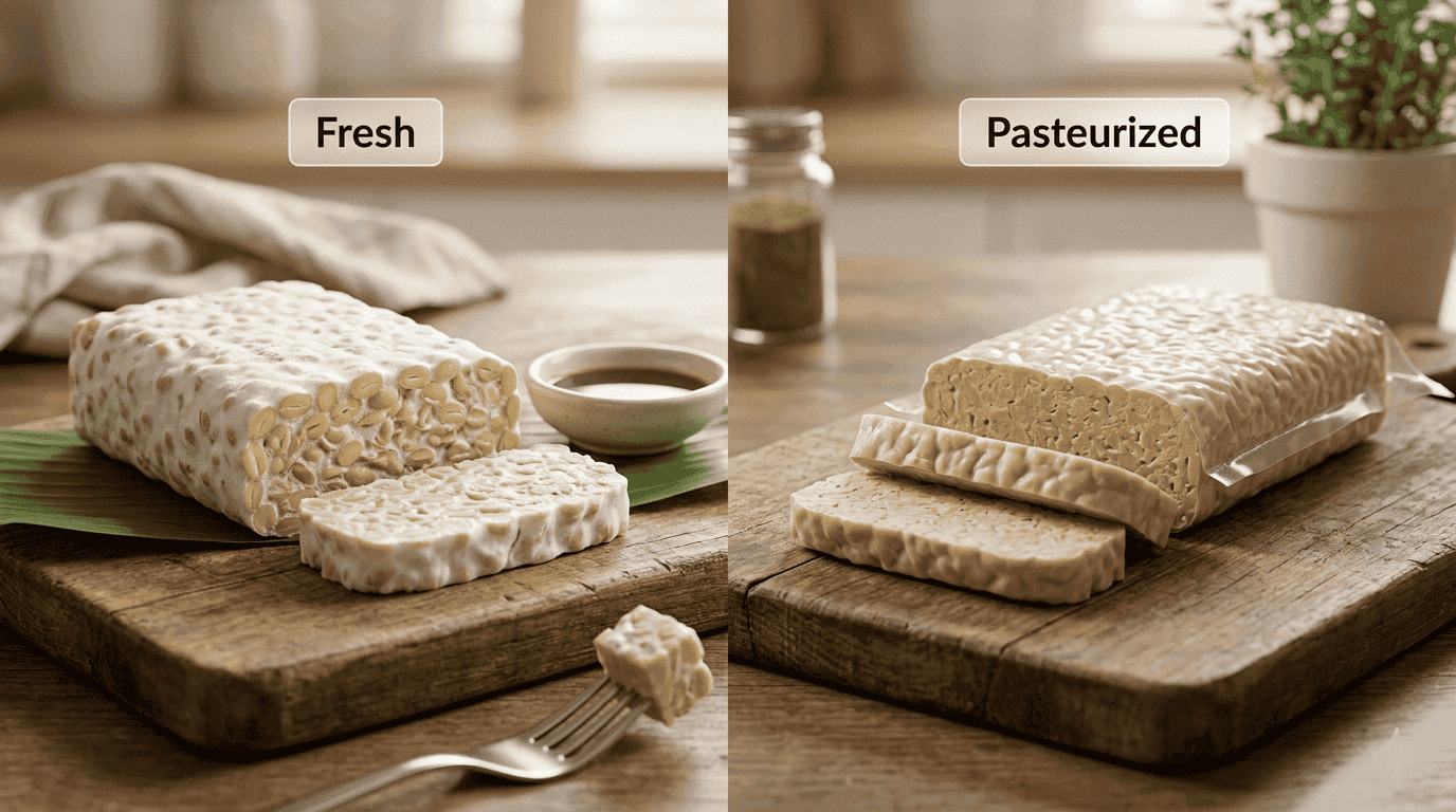 Fresh vs Pasteurized Tempeh displayed on wooden cutting boards showing texture and appearance contrast.