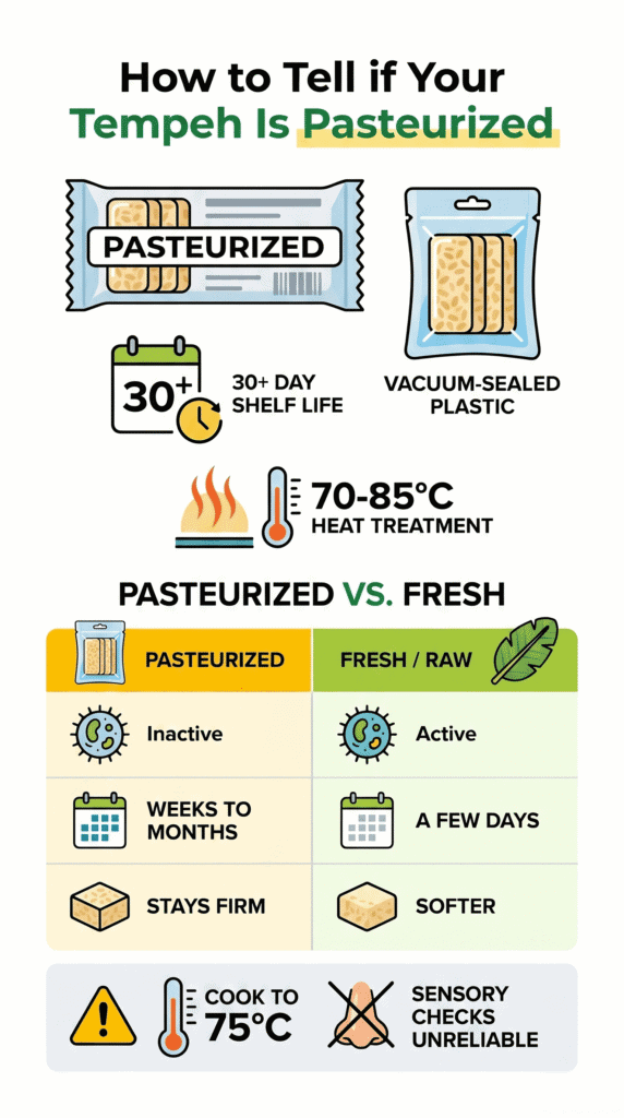 A visual guide on how to tell if tempeh is pasteurized, comparing shelf life, packaging, and heat treatment.