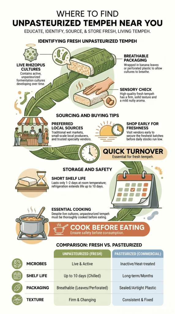 Infographic guide on where to find unpasteurized tempeh, covering sourcing, storage, and fresh vs pasteurized comparison