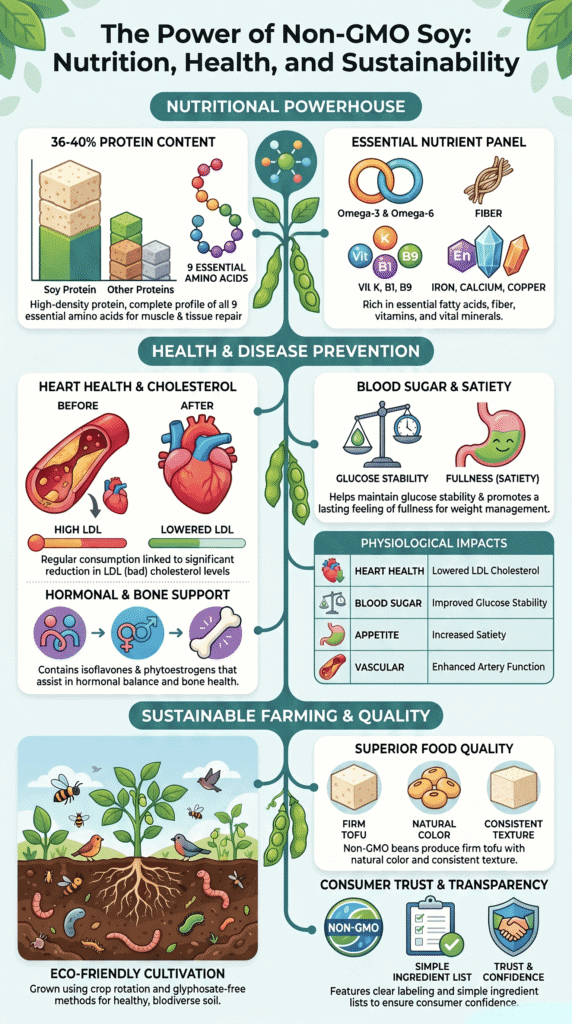 Infographic explaining what are the benefits of Non-GMO soy covering nutrition, heart health, and sustainable farming.