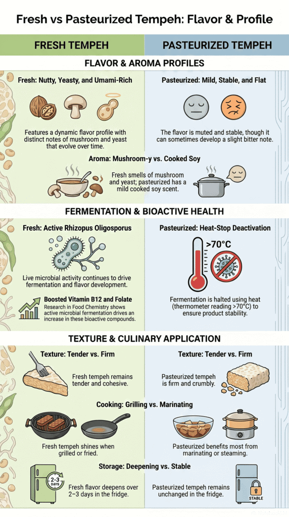 Infographic comparing flavor difference fresh tempeh vs pasteurized tempeh across aroma, fermentation, texture, and storage.