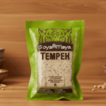 SoyaMaya Tempeh pouch on wooden surface, knowing what temperature for tempeh fermentation ensures premium quality