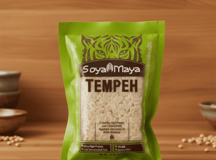 SoyaMaya Tempeh pouch on wooden surface, knowing what temperature for tempeh fermentation ensures premium quality