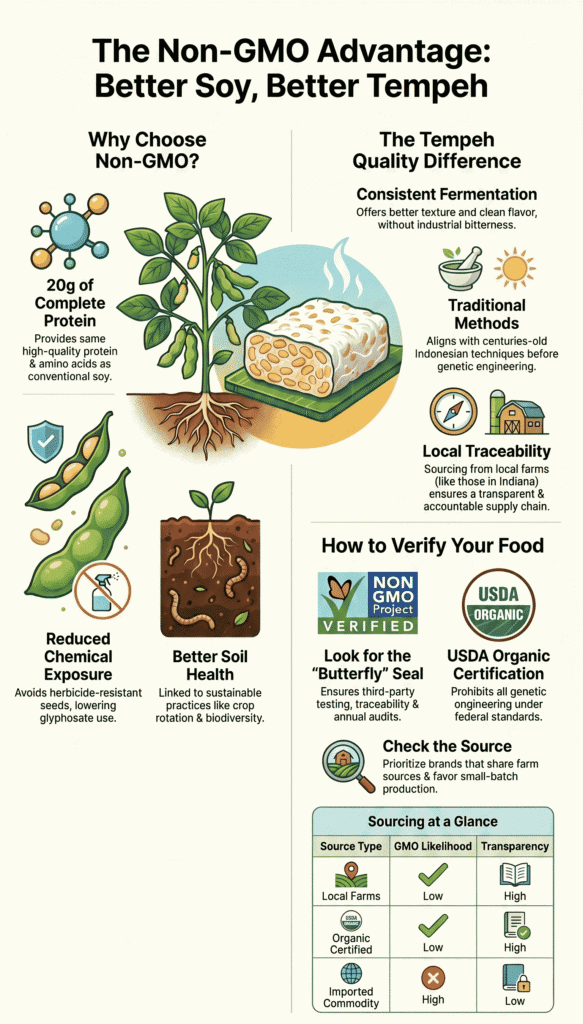 Non-GMO soybeans promoting health and quality with traditional and sustainable farming methods.