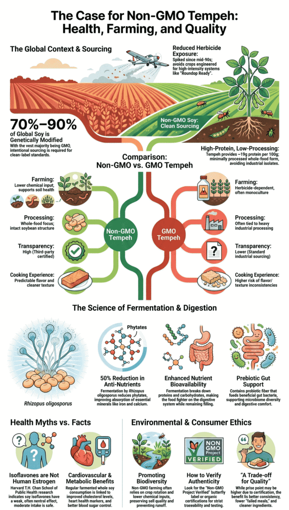 Non-GMO tempeh promotes health, sustainability, and authentic fermentation processes.