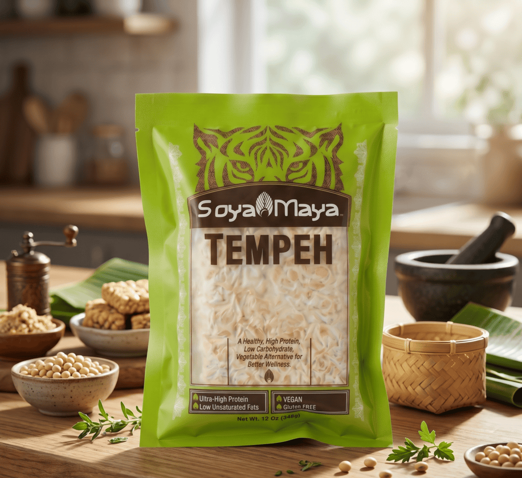 SoyaMaya Tempeh package, understanding what temperature for tempeh fermentation helps produce quality soy tempeh