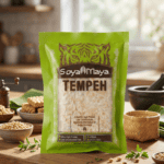 SoyaMaya Tempeh package on kitchen counter showcasing the benefits of non-GMO soybeans in a healthy diet