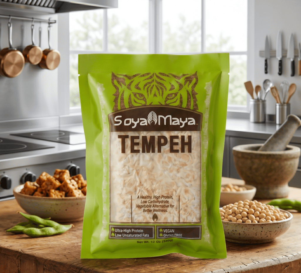 SoyaMaya Tempeh pouch on a kitchen counter with soybeans and cooked tempeh, a prime example of why is fermentation good for you. 