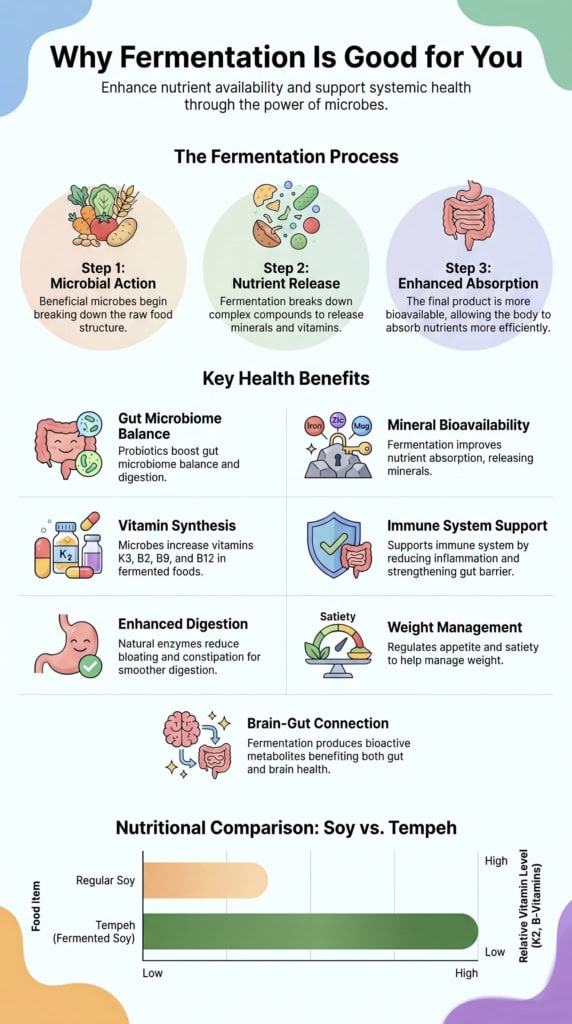 An infographic explaining why is fermentation good for you, showing health benefits and the fermentation process. 