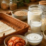 A wooden table displaying fermented foods like tempeh, kimchi, yogurt, and miso, showing why is fermentation good for you.