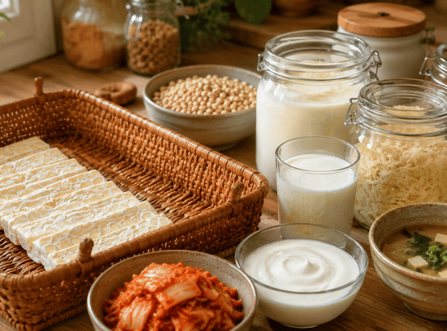 A wooden table displaying fermented foods like tempeh, kimchi, yogurt, and miso, showing why is fermentation good for you.