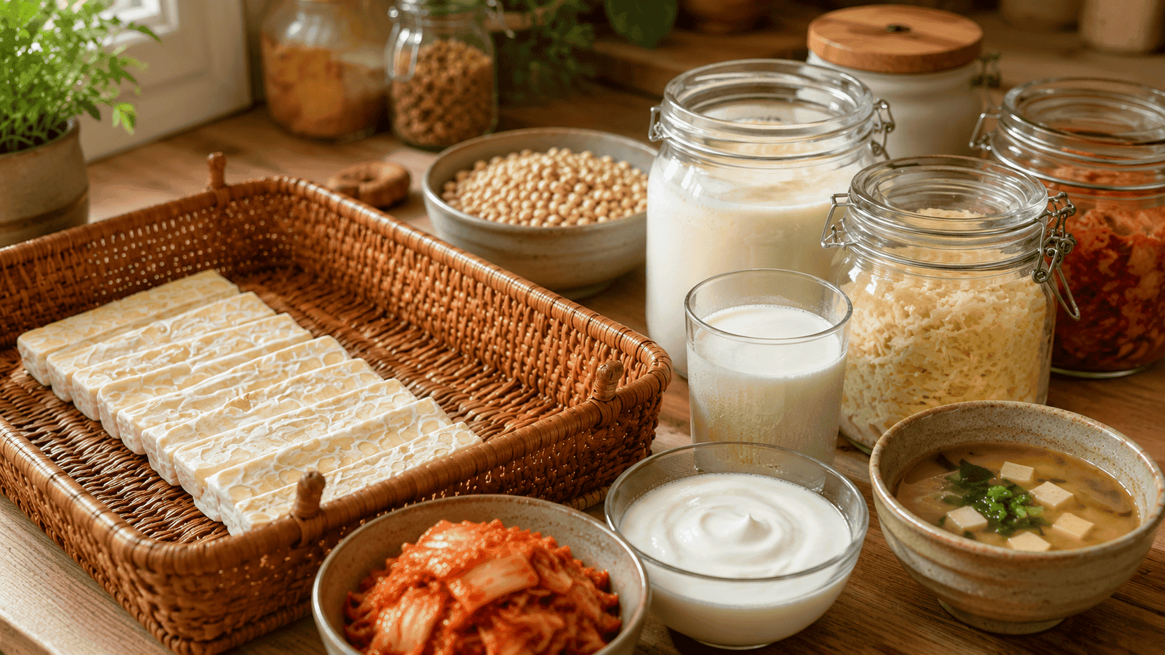 A wooden table displaying fermented foods like tempeh, kimchi, yogurt, and miso, showing why is fermentation good for you.