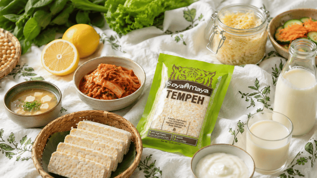 SoyaMaya Tempeh packaging surrounded by fermented foods and fresh ingredients, illustrating why is fermentation good for you.