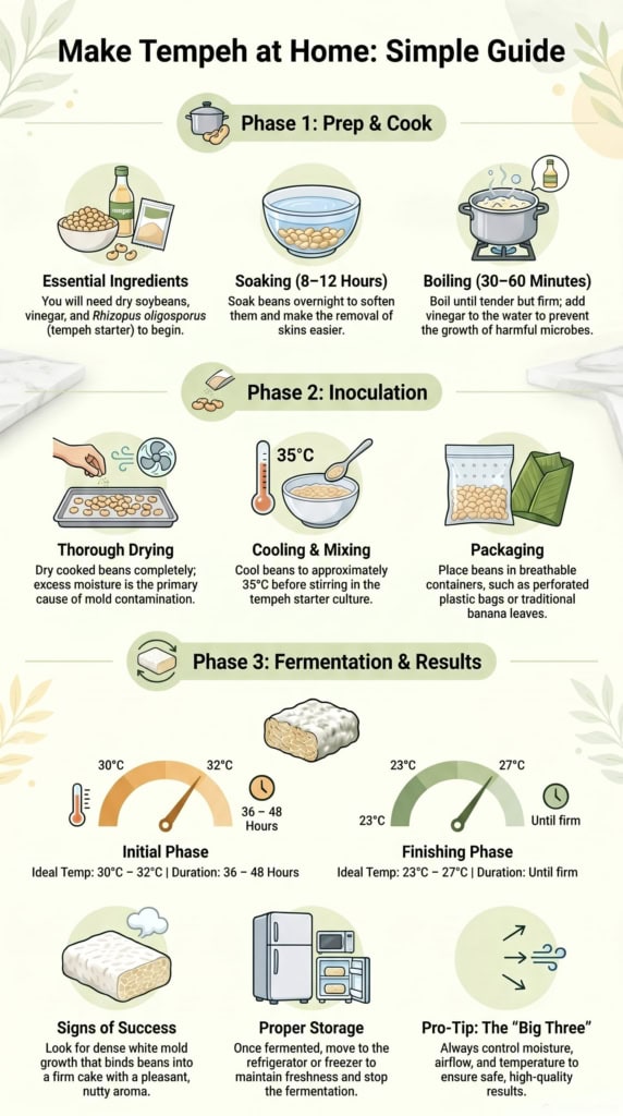 A step-by-step infographic guide answering can you make tempeh at home, covering prep, inoculation, and fermentation phases. 