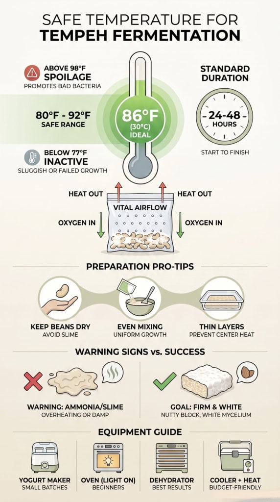 Infographic showing what temperature for tempeh fermentation is safe, ranging from 80°F to 92°F for ideal results.