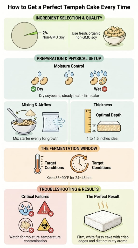 Infographic guide on how to get a perfect tempeh cake with fermentation tips and troubleshooting steps