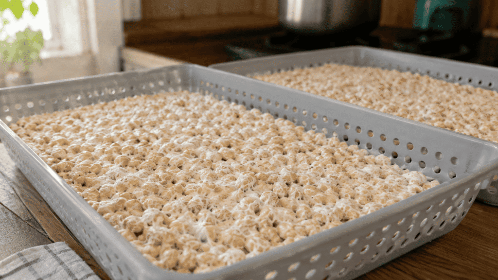 Soybeans fermenting in perforated trays showing how to get a perfect tempeh cake through proper airflow