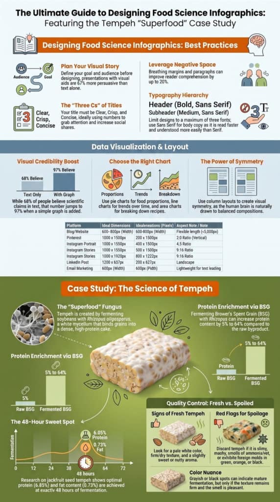 Infographic explaining how long does tempeh ferment, showing the 48-hour sweet spot for optimal protein and fat content.