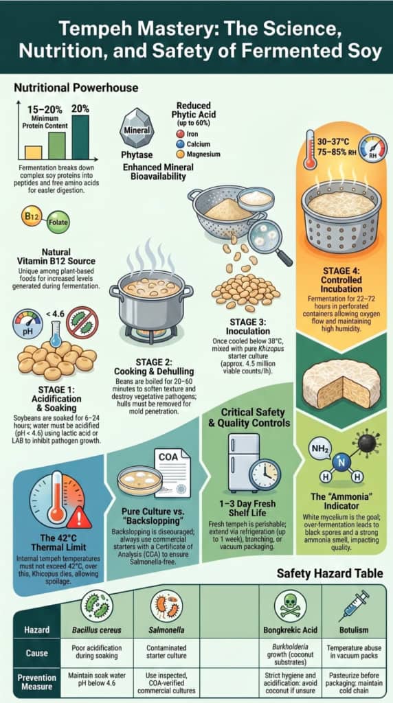 A visual guide showing what are the stages of fermentation used to make tempeh from soybeans to incubation.