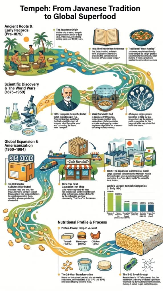 Infographic tracing who invented tempeh fermentation from ancient Java to a modern global superfood timeline.