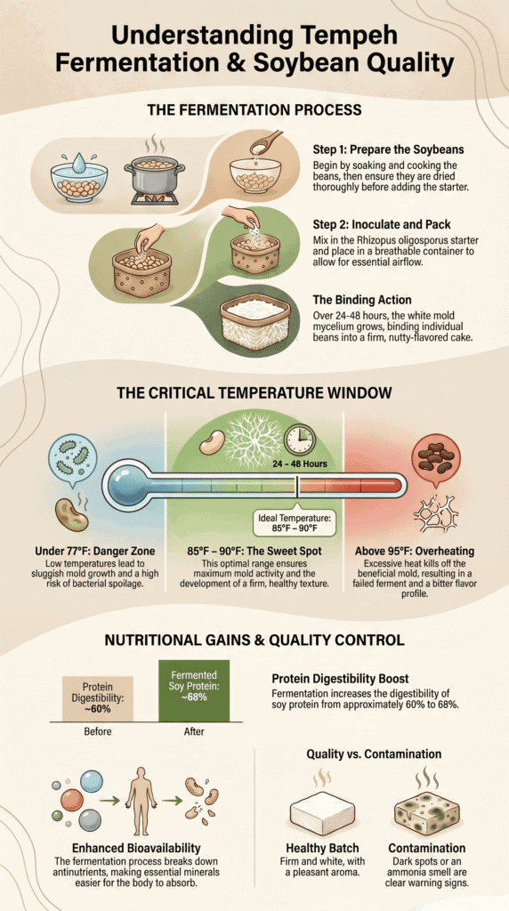 Infographic for understanding tempeh fermentation process, temperature control, and nutritional benefits of soybeans