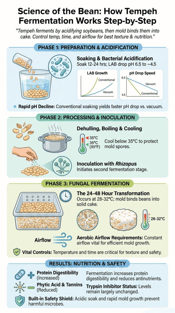 Infographic explaining how does tempeh fermentation work through acidification, inoculation, and fungal growth phases