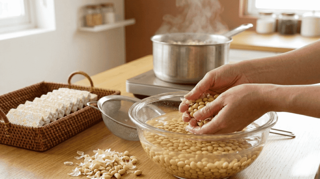 Hands dehulling soybeans beside finished tempeh blocks, showing how does tempeh fermentation work in a home kitchen