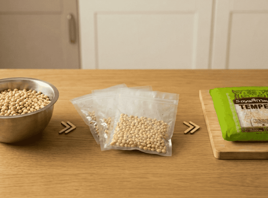 Step-by-step process of fermenting tempeh with soybeans and starter culture.