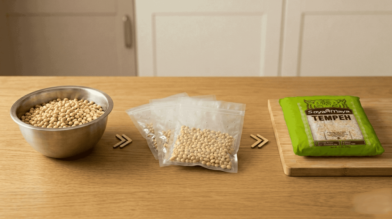 Step-by-step process of fermenting tempeh with soybeans and starter culture.