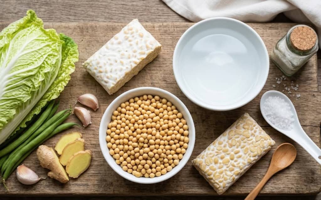Fresh soybeans, tempeh, ginger, and salt display key factors for successful fermentation on a wooden board.