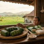 Authentic tempeh being prepared with soybeans in a rural Indonesian setting.