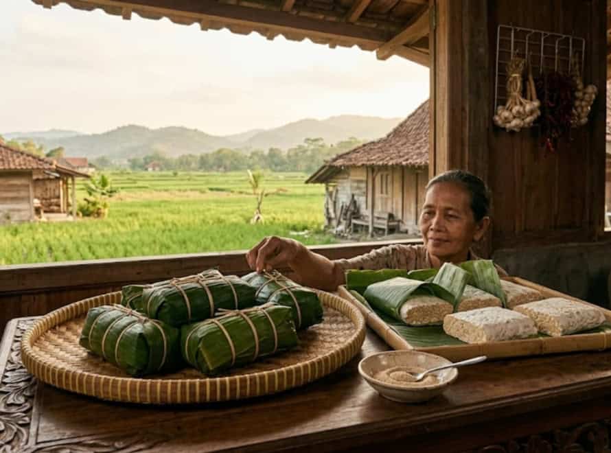 Authentic tempeh being prepared with soybeans in a rural Indonesian setting.