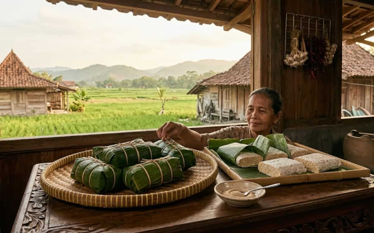 Authentic tempeh being prepared with soybeans in a rural Indonesian setting.