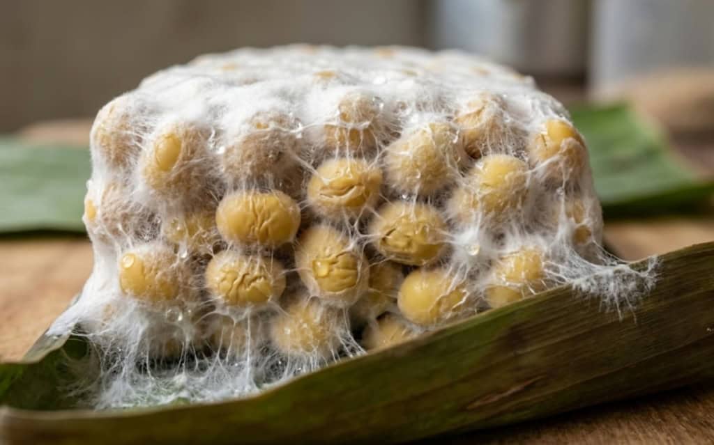 Close-up of who invented tempeh fermentation legacy: soybeans bound by white Rhizopus mold on a banana leaf.