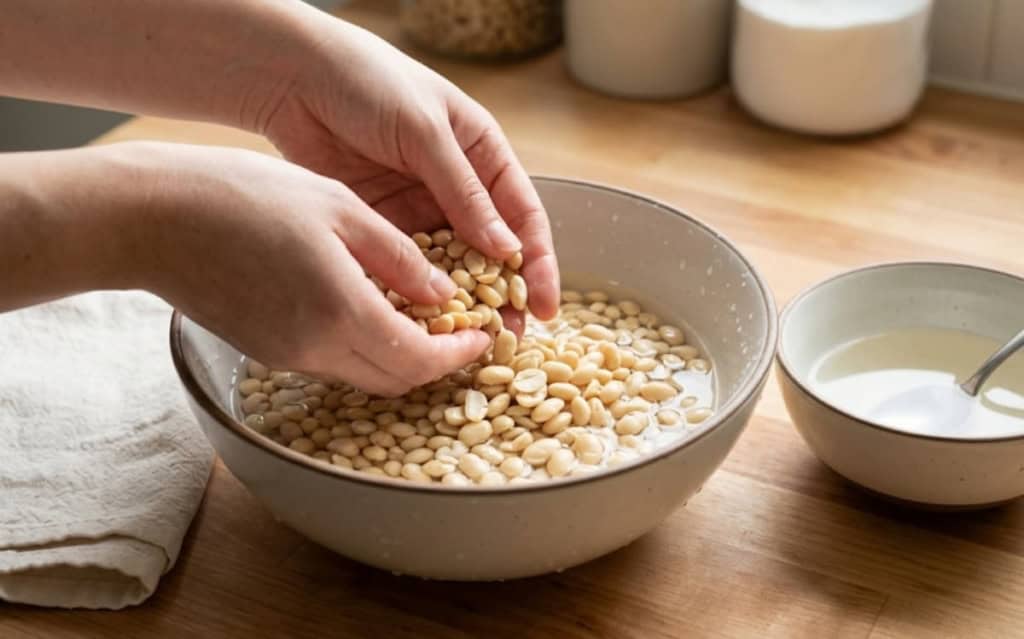 Hands soaking soybeans in water, the first step before learning how long does tempeh ferment at home.
