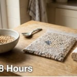 Three stages of tempeh production on a wooden table, showing how long does tempeh ferment from beans to finished block.