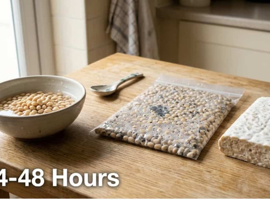 Three stages of tempeh production on a wooden table, showing how long does tempeh ferment from beans to finished block.