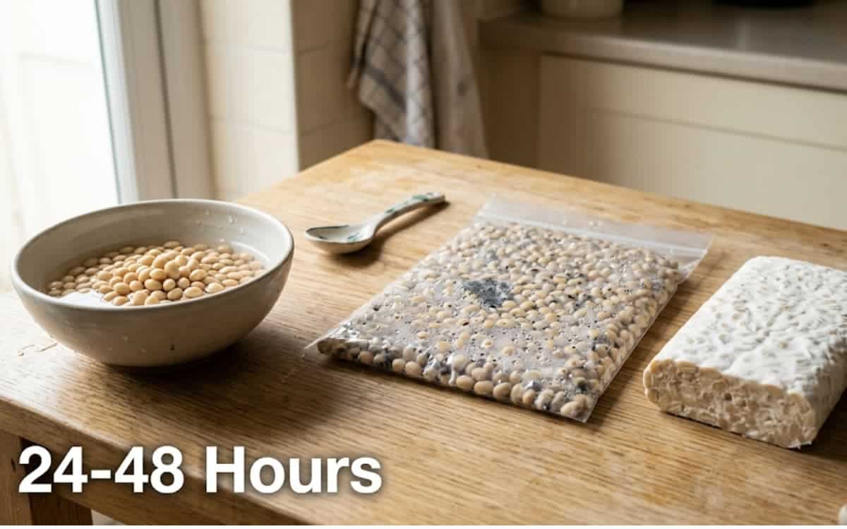 Three stages of tempeh production on a wooden table, showing how long does tempeh ferment from beans to finished block.